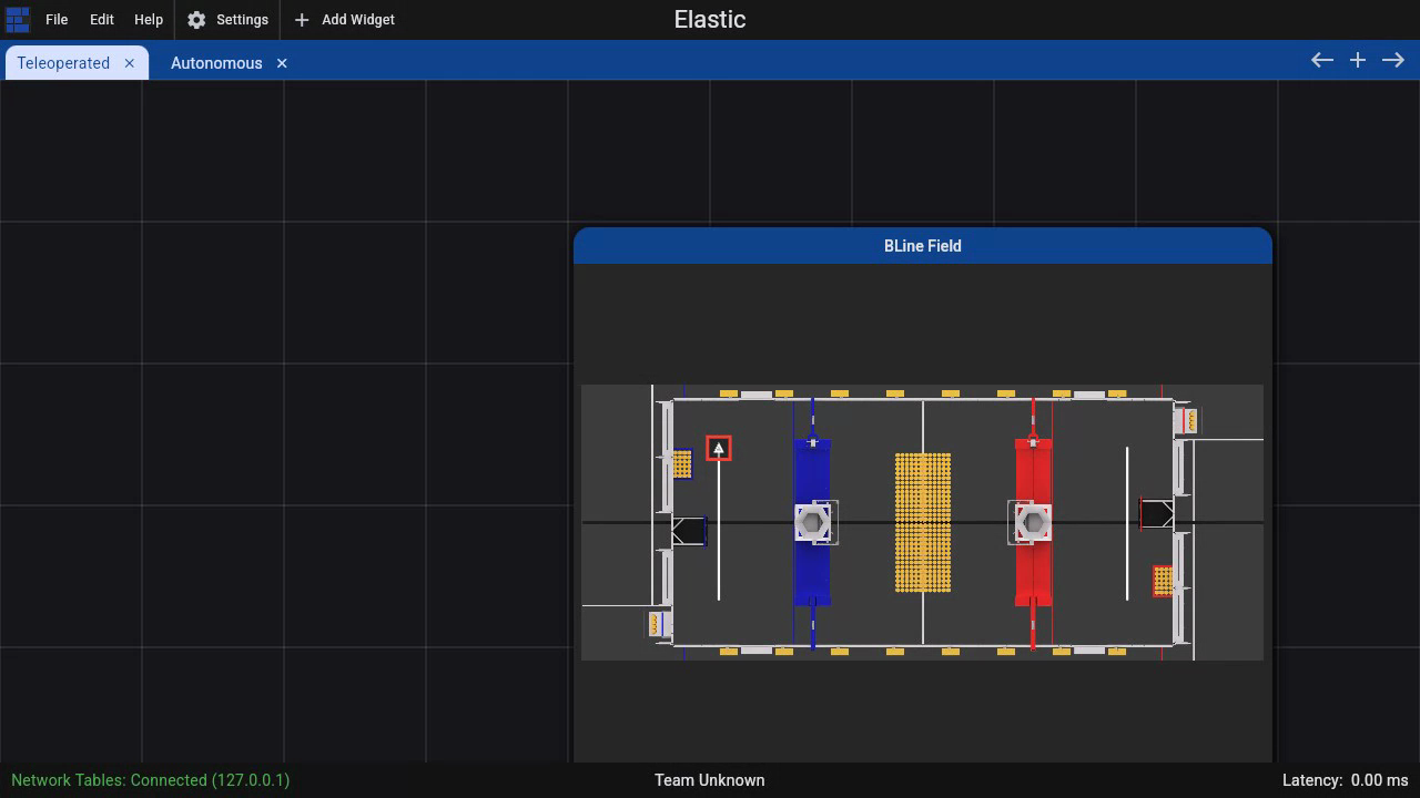 Static Elastic Field2d view with BLine paths and the live robot pose on the 2026 REBUILT field